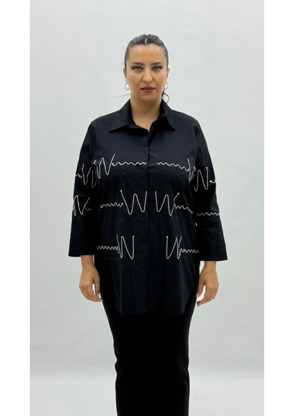 Büyük Beden Düğmeli Taşlı Uzun Kol Oversize Kadın Gömlek