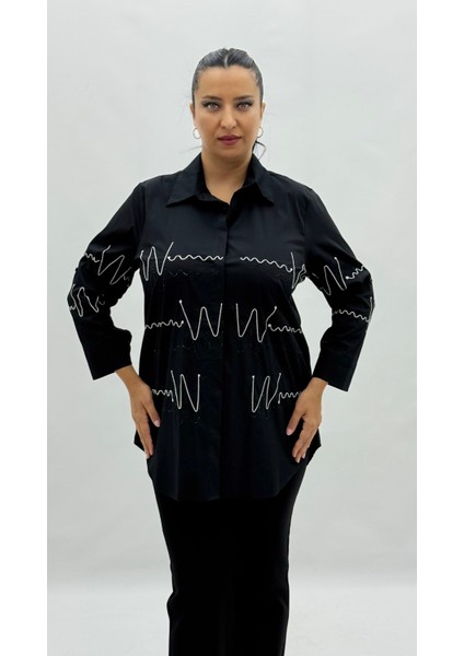 Büyük Beden Düğmeli Taşlı Uzun Kol Oversize Kadın Gömlek fiyatları