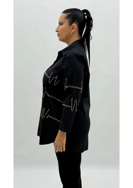 Büyük Beden Düğmeli Taşlı Uzun Kol Oversize Kadın Gömlek modelleri