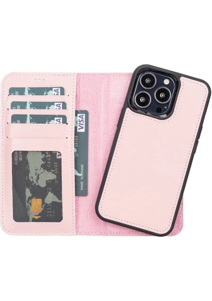 Apple iPhone 13 Pro Uyumlu Deri Cüzdanlı Kılıf Nu2 Pembe indirimleri