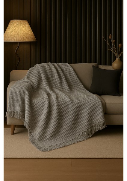 Pamuklu Dokulu Ekru Koltuk Şalı 170X220 cm – Saçaklı Tv Battaniyesi & Dekoratif Koltuk Örtüsü