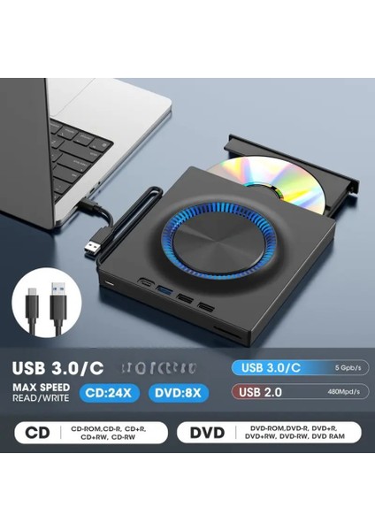 Çok Fonksiyonlu Harici CD DVD Sürücü USB 3.0 Type-C Cd/dvd Yazıcı Okuyucu Laptop Mac Windows 11 fiyatları