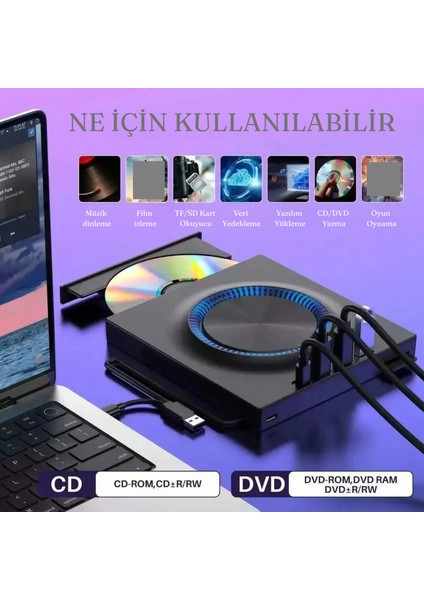 Çok Fonksiyonlu Harici CD DVD Sürücü USB 3.0 Type-C Cd/dvd Yazıcı Okuyucu Laptop Mac Windows 11 modelleri