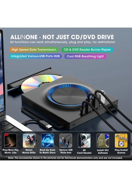 Çok Fonksiyonlu Harici CD DVD Sürücü USB 3.0 Type-C Cd/dvd Yazıcı Okuyucu Laptop Mac Windows 11 indirimleri