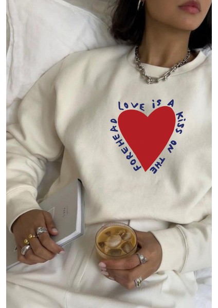 Kadın Premium Kumaş Şardonlu Baskılı Oversize Sweatshirt