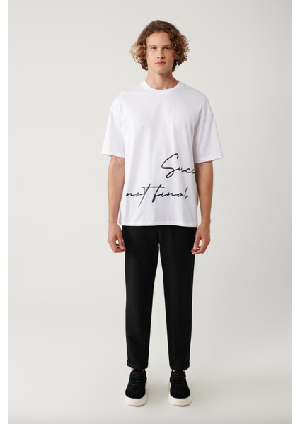 Erkek Beyaz %100 Pamuk Bisiklet Yaka Baskılı Oversize Fit T-Shirt A41Y1038