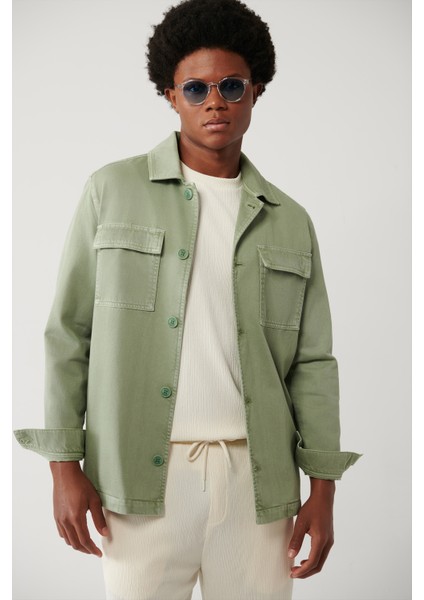 Erkek Yeşil Klasik Yaka Garment Dyed Cepli %100 Pamuk Comfort Fit Denim Ceket A41Y6005