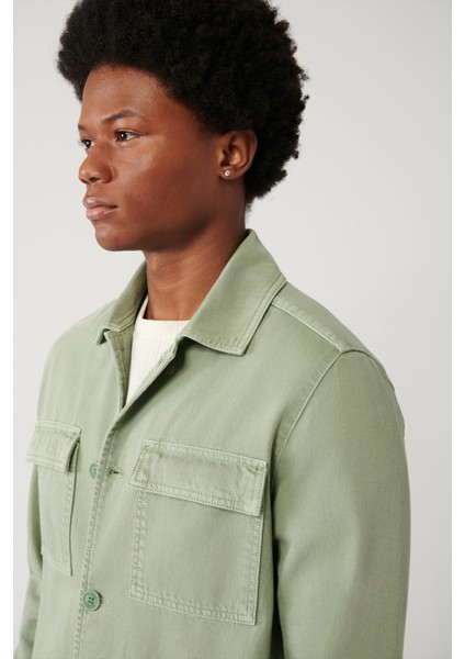 Erkek Yeşil Klasik Yaka Garment Dyed Cepli %100 Pamuk Comfort Fit Denim Ceket A41Y6005