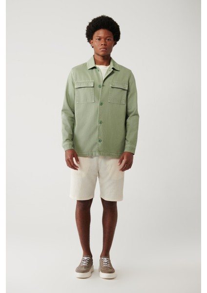 Erkek Yeşil Klasik Yaka Garment Dyed Cepli %100 Pamuk Comfort Fit Denim Ceket A41Y6005