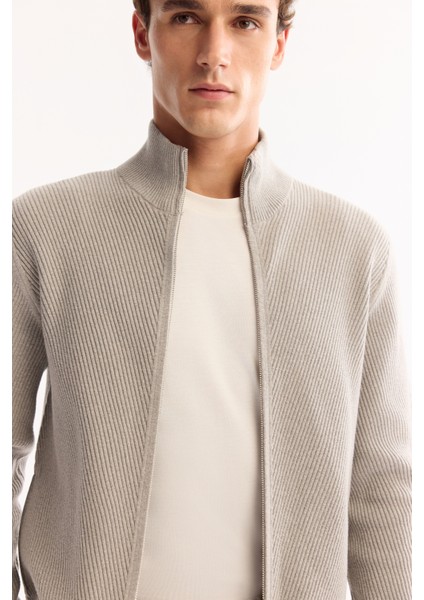 Erkek Gri Dik Yaka Fermuarlı Pamuklu Soft Touch Dokulu Regular Fit Hırka A52Y5181