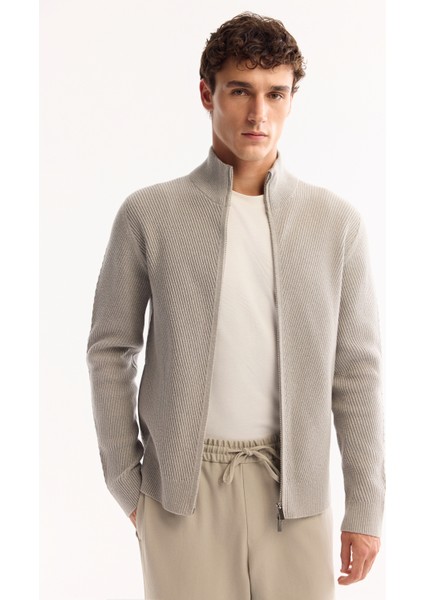 Erkek Gri Dik Yaka Fermuarlı Pamuklu Soft Touch Dokulu Regular Fit Hırka A52Y5181
