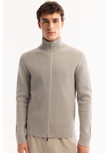 Erkek Gri Dik Yaka Fermuarlı Pamuklu Soft Touch Dokulu Regular Fit Hırka A52Y5181