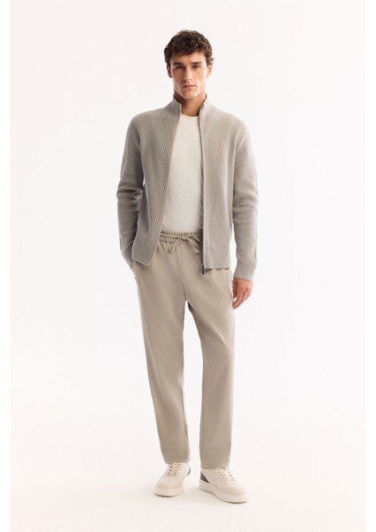 Erkek Gri Dik Yaka Fermuarlı Pamuklu Soft Touch Dokulu Regular Fit Hırka A52Y5181