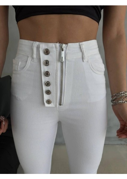 Düğme ve Fermuarlı Kot Pantolon - Beyaz fiyatları
