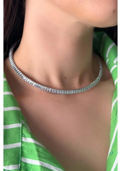 Baget Taşlı Tasma Kolye - Gümüş