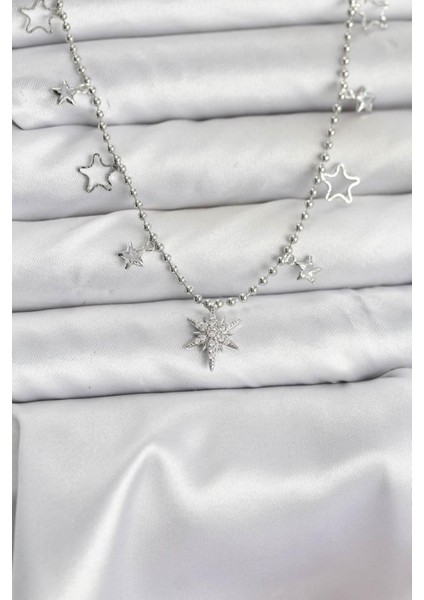 Pirinç Zirkon Taşlı Kutup Yıldızı Model Kadın Kolye