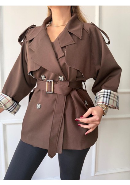 Acı Kahve Ekose Detaylı Kemerli Trençkot