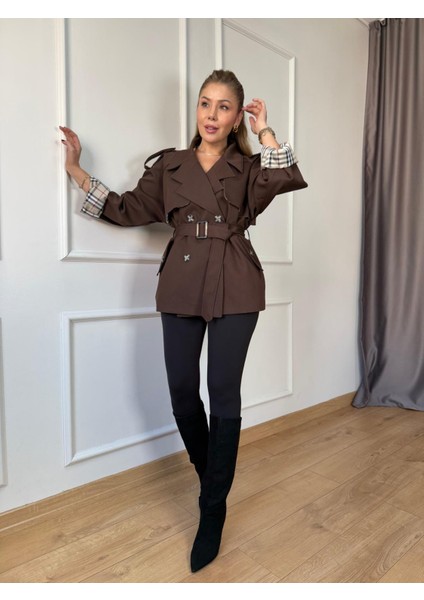 Acı Kahve Ekose Detaylı Kemerli Trençkot fiyatları