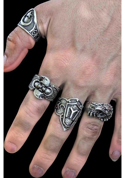 4 Adet 925 Ayar Gümüş Kaplama Ayarlanabilir El Yapımı Erkek Zihgir Yüzük Seti