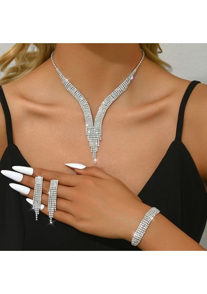 Sevgililer Günü Takımı, Şık ve Zarif Yapay Elmas Kolye ve Küpe, Hafif Lüks, Elmas Süslemeli, Püsküllü Kolye ve Küpeler (Yurt Dışından)