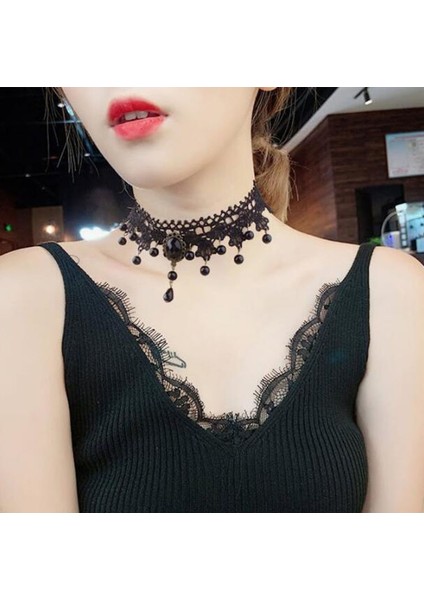 Gotik Dantel Boyunluk Klavikulazinciri Kadın Choker Minimalist Kolye Siyah Punk Aksesuarları Yaka Bilekliği (Yurt Dışından)