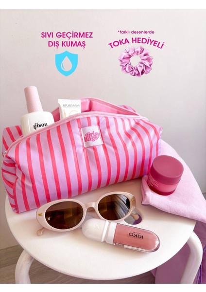 Pembe Çizgili Sıvı Geçirmez Makyaj Çantası Plaj Havuz Kozmetik Çantası Yıkanabilir Büyük Boy