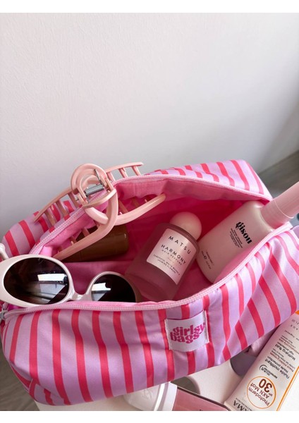Pembe Çizgili Sıvı Geçirmez Makyaj Çantası Plaj Havuz Kozmetik Çantası Yıkanabilir Büyük Boy modelleri