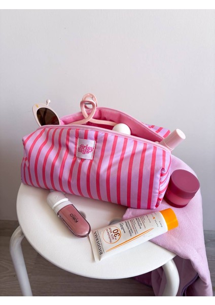Pembe Çizgili Sıvı Geçirmez Makyaj Çantası Plaj Havuz Kozmetik Çantası Yıkanabilir Büyük Boy fırsatları