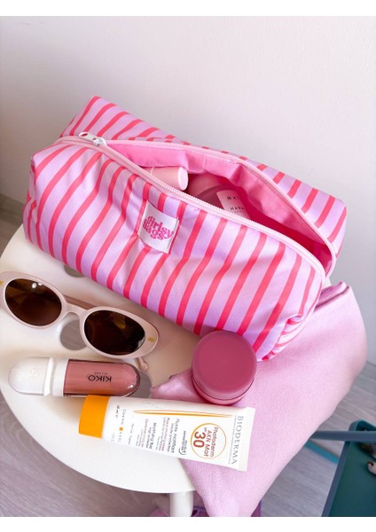 Pembe Çizgili Sıvı Geçirmez Makyaj Çantası Plaj Havuz Kozmetik Çantası Yıkanabilir Büyük Boy indirimleri