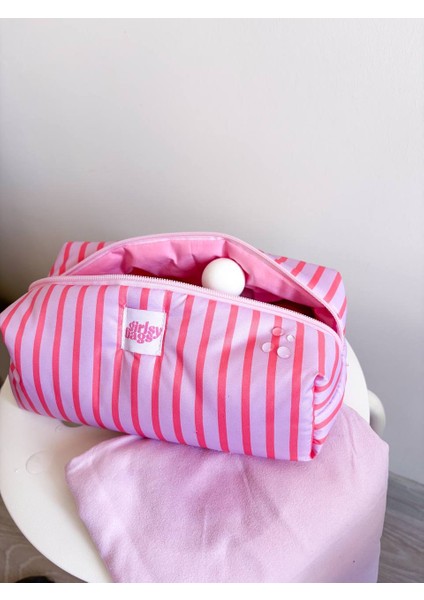 Pembe Çizgili Sıvı Geçirmez Makyaj Çantası Plaj Havuz Kozmetik Çantası Yıkanabilir Büyük Boy