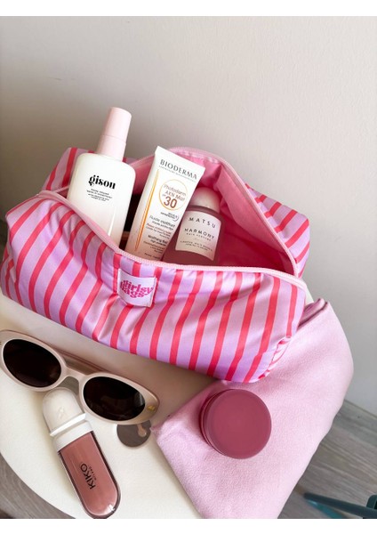 Pembe Çizgili Sıvı Geçirmez Makyaj Çantası Plaj Havuz Kozmetik Çantası Yıkanabilir Büyük Boy