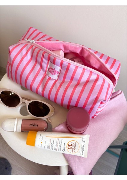 Pembe Çizgili Sıvı Geçirmez Makyaj Çantası Plaj Havuz Kozmetik Çantası Yıkanabilir Büyük Boy