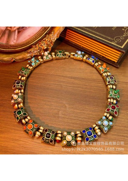 Retro Çarpışan Renkli Cam Taş Küpeler, Saray Stili Batı Tarzı Mücevher Antika Çiçek Kolye (Yurt Dışından)