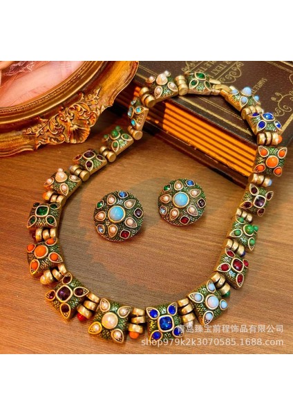 Retro Çarpışan Renkli Cam Taş Küpeler, Saray Stili Batı Tarzı Mücevher Antika Çiçek Kolye (Yurt Dışından) modelleri