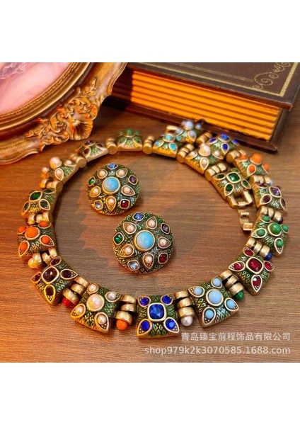 Retro Çarpışan Renkli Cam Taş Küpeler, Saray Stili Batı Tarzı Mücevher Antika Çiçek Kolye (Yurt Dışından) fırsatları