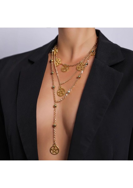 Model Beş Köşeli Yıldız Çok Katmanlı Kolye, Şık Üst Üste Takılan Metal Z珠宝rli Hafif Lüks ve Çok Amaçlı (Yurt Dışından)