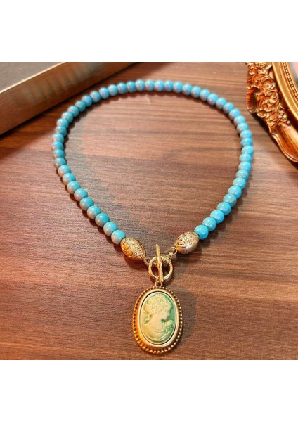 Cameo Portre Küpe Mavi Turkuaz Saray Stili Kolye (Yurt Dışından)