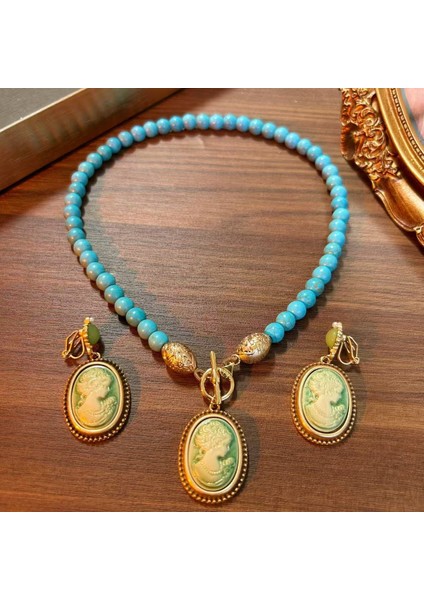 Cameo Portre Küpe Mavi Turkuaz Saray Stili Kolye (Yurt Dışından) fiyatları