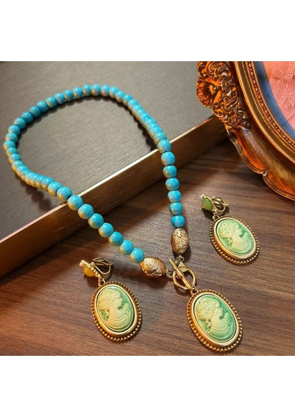 Cameo Portre Küpe Mavi Turkuaz Saray Stili Kolye (Yurt Dışından) modelleri