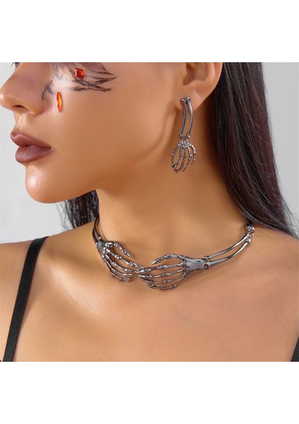 Cadılar Bayramı Karanlık Retro Hayalet El Kolye Küpe Seti (Yurt Dışından)