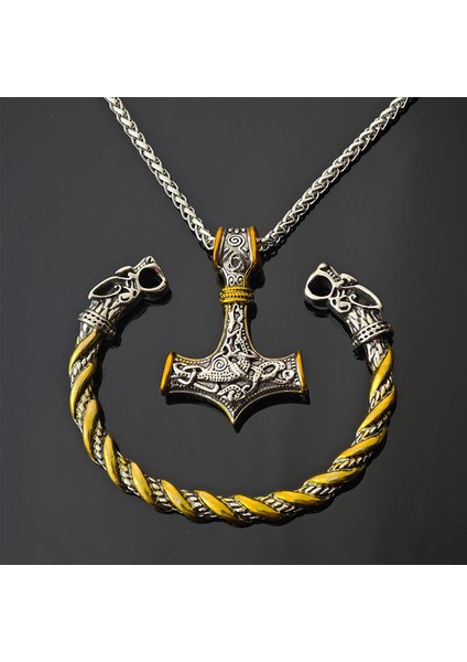 Retro Runa Çekiç Kolye Kurt Kafalı Bileklik Seti (Yurt Dışından)