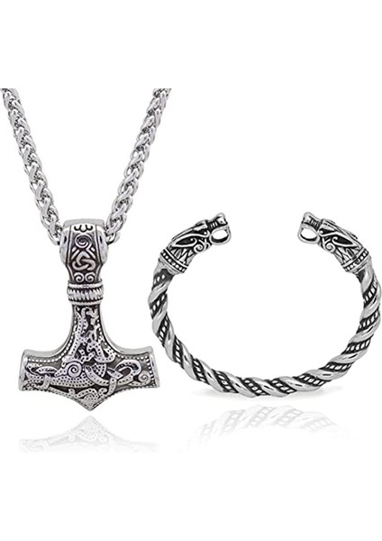 Retro Runa Çekiç Kolye Kurt Kafalı Bileklik Seti (Yurt Dışından) modelleri