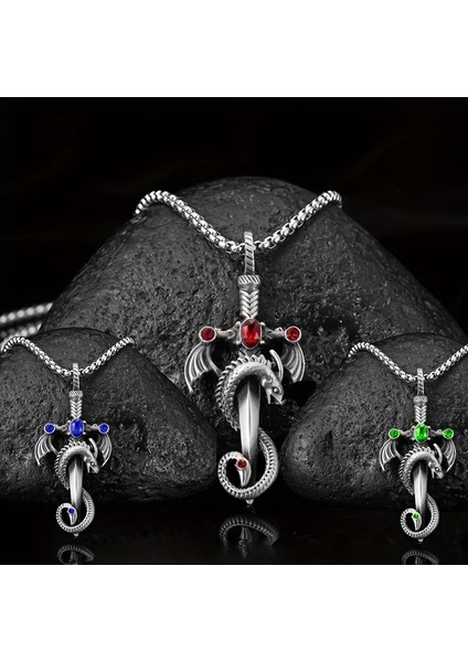 Retro Çok Renkli Taşlı Ejderha Kılıcı Paslanmaz Çelik Z珠宝r Kolye (Yurt Dışından) fiyatları