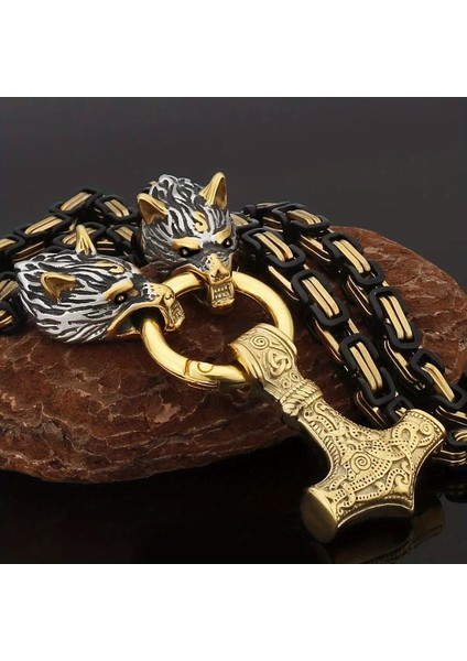 Retro Kuzey Avrupa Viking Çekiç Kolye Kaplan Başlı Bileklik (Yurt Dışından)
