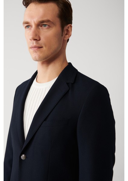 Erkek Lacivert Mono Yaka Kapaklı Cepli Astarlı Çift Yırtmaçlı Metal Düğmeli Blazer Ceket A32Y4029