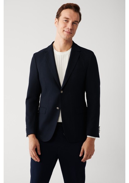 Erkek Lacivert Mono Yaka Kapaklı Cepli Astarlı Çift Yırtmaçlı Metal Düğmeli Blazer Ceket A32Y4029