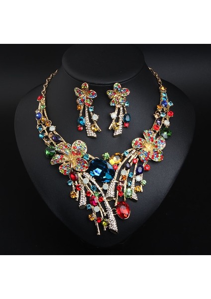 A Tılı Kristal Çiçekli Renkli Gelin Balosu Kolye Küpe Seti (Yurt Dışından)