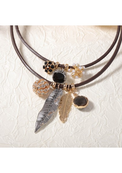 Sonbahar/kış Tarzı Retro Yüksek Kali Tasarım, Çift Katlı, Alüminyum Alaşım Geometrik Yaprak Kolye Ucu ve Deri Kolye (Yurt Dışından)
