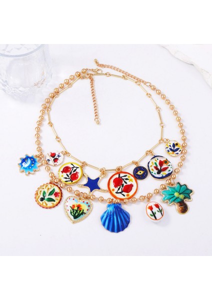 Kişisel Moda Tasarım Halkalı Alaşım Baskılı Renkli Çiçekli Kolye Ikili Z珠宝r (Yurt Dışından)