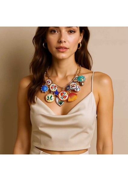 Kişisel Moda Tasarım Halkalı Alaşım Baskılı Renkli Çiçekli Kolye Ikili Z珠宝r (Yurt Dışından) fiyatları